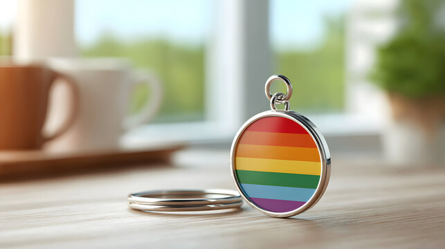 A vibrant symbol of love and inclusivity with a colorful rainbow pendant and ring arranged in a cozy interior scene. The composition creates a heartwarming message of unity and acceptance.