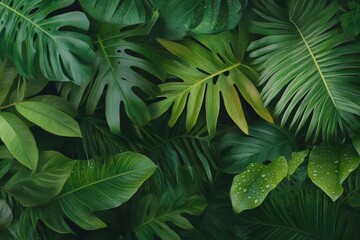 Lush tropical foliage close-up with vibrant green leaves