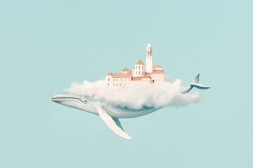 Surreal fantasy scene of a whale floating with a city amongst clouds