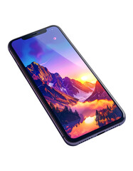 Sleek, dark-purple smartphone showcasing a vibrant landscape wallpaper; sunrise over majestic mountains reflected in a calm lake, angled view