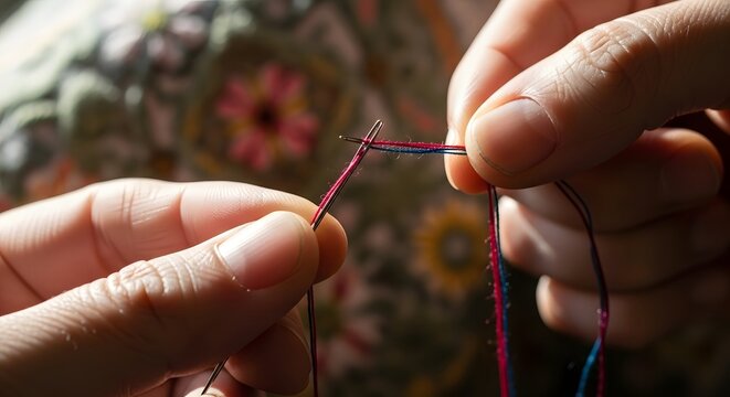 Close-up of hands skillfully threading a needle with colorful threads, showcasing a sewing project in a cozy setting