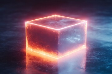 Glowing cube on reflective surface in dark ambient setting