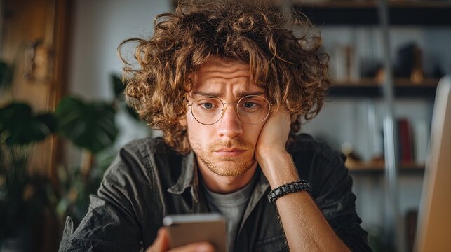 Young freelancer anxiously checking banking app in home office indoor environment emotional content concerned viewpoint about finances