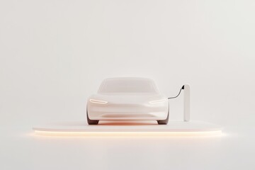 Futuristic electric car design with charging station on minimalist platform