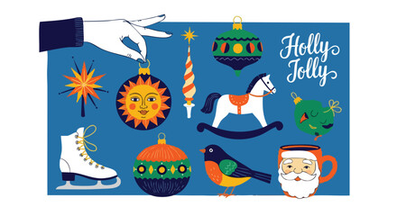 Charming collection of festive holiday ornaments and winter icons, perfect for creating joyful Christmas designs and winter themes.