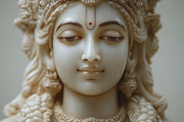 Divine Indian Goddess Statue Decorated with Traditional Ornaments, Closeup Photo.