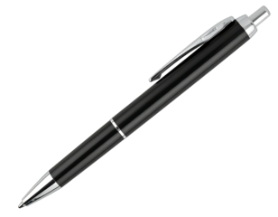 Sleek, black ballpoint pen with silver accents, slightly angled, showcasing a modern design and polished finish