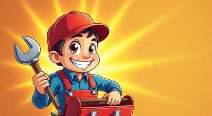 Cartoon of a handyman with a toolbox and a wren