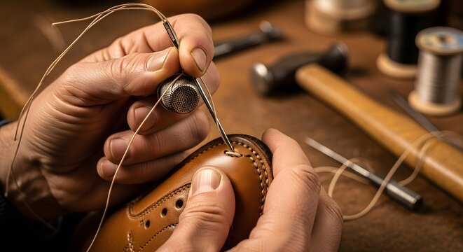 Skilled artisan meticulously stitching leather shoe with tools on wooden workbench in workshop