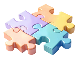 Four pastel-colored jigsaw puzzle pieces interlocked, showcasing a sense of unity and completion.  Smooth, glossy texture; slightly three-dimensional