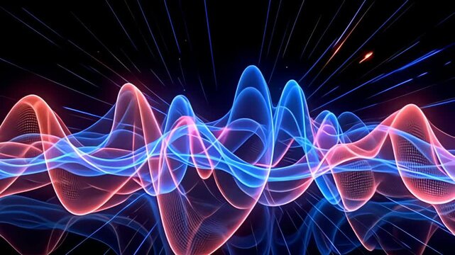 An energetic burst of vibrant colors radiates from a Digital waveform Border Frame pulsing with audio light, creating a mesmerizing kaleidoscope effect, where swirling neon hues ebb and