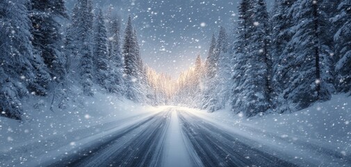 The winter road framed by snow-covered trees leading to a peaceful horizon.
