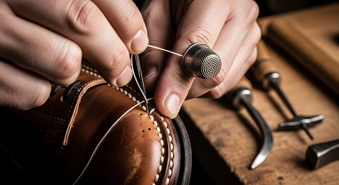 Skilled artisan carefully stitching leather shoe with tools on wooden workbench, showcasing craftsmanship
