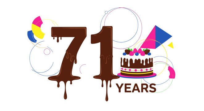 A festive celebration of seventy one years with a delicious chocolate cake and colorful decorations.