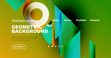Naklejka premium Abstract geometric design. Vibrant colors, shapes overlap. Website header with navigation elements, text content, button visible. Modern aesthetic.
