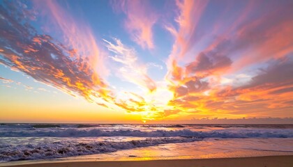 A vibrant ocean scene at sunrise or sunset, showcasing colorful clouds reflected on the wet sand and waves gently rolling towards the shore