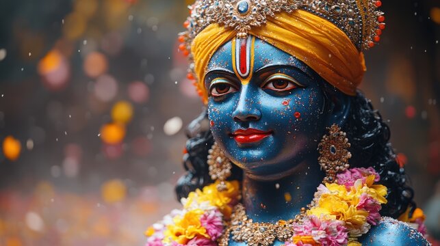 Hindu God Lord Krishna Statue Decorated with Flowers and Traditional Jewelry, Happy Krishna Janmashtami Festival.