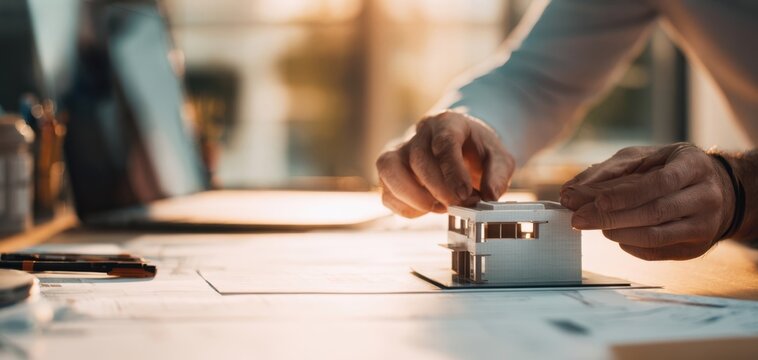 The architect carefully assembles a miniature model of a modern building. - Powered by Adobe