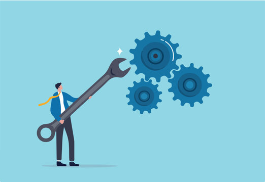 Adjustment and optimization for business improvement, change or fine tune for smooth ride, repair and maintenance service concept, businessman holding wrench to adjust gear cogwheels setting.