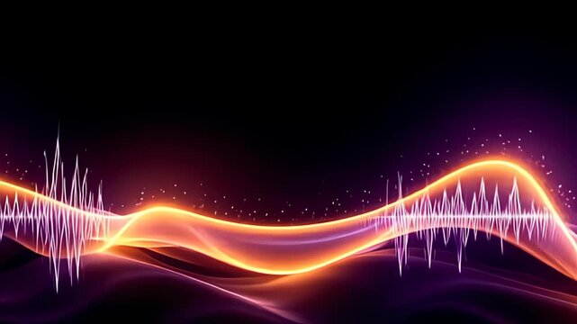 A striking Digital waveform Border Frame pulsing with audio light is enveloped by sinuous arcs of iridescent purple and gold, flowing seamlessly across the frame's perimeter, accompanied by