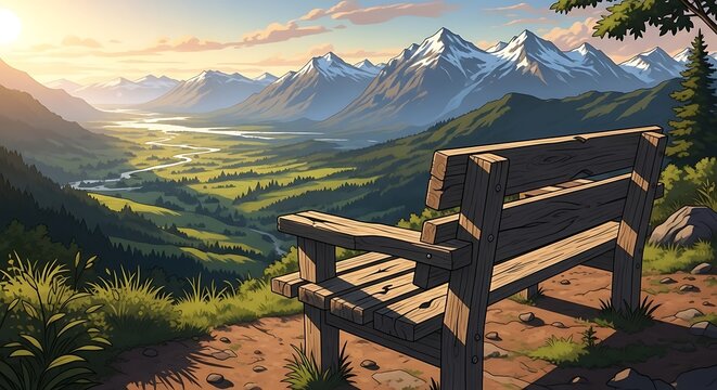 Empty wooden bench overlooking a vast mountain valley at sunset.