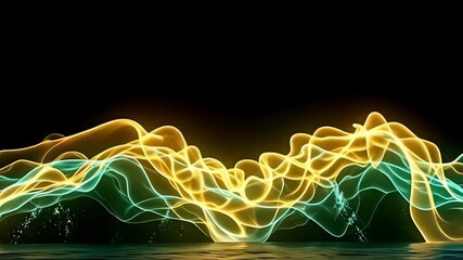 A stunning spectacle unfolds with the Digital waveform Border Frame pulsing with audio light, as swirling patterns of rich emerald and gilded shades wrap around its edges, gracefully moving - Powered by Adobe