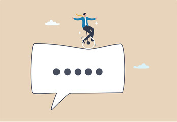 Communicate to success, talking or discussion, advice message dialogue, announcement speech bubble, business conversation or consultation concept, businessman acrobat on message speech bubble