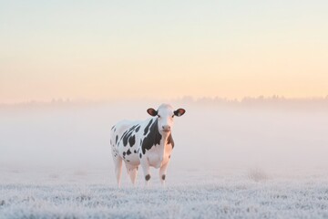 Tranquil morning scene with a spotted cow in misty pasture