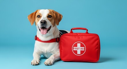 Happy dog with red first aid kit on blue background studio shot