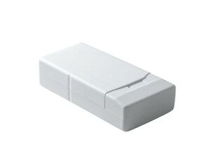 Small, rectangular, off-white plastic device with a subtle hinge and a small, recessed button