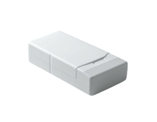 Small, rectangular, off-white plastic device with a subtle hinge and a small, recessed button
