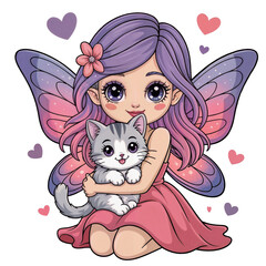 Cute fairy girl with purple wings cuddling a kitten, surrounded by hearts