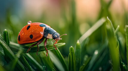 Close-up view of a ladybug on lush green grass, emphasizing its vivid colors and textures, capturing the essence of nature and the importance of biodiversity
