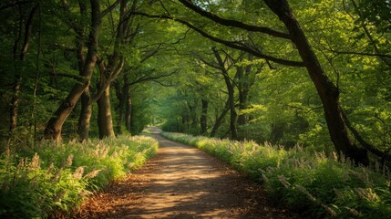 Naklejka premium A sun-drenched forest path winds through a canopy of lush green trees, bathed in soft morning light.