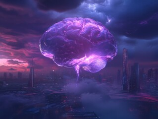 Futuristic scene of a giant holographic brain hovering above a sci-fi cityscape at dusk