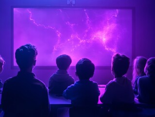 Futuristic classroom with children learning coding in a high-tech environment