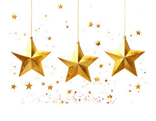 Three golden stars hang from strings against a black background, shimmering with smaller golden stars falling around them