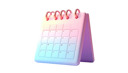 A pastel pink and blue 3D rendered desktop calendar with a spiral binding, standing upright on a dark background