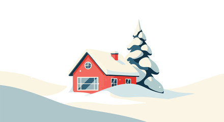Charming winter scene with cozy red house nestled beside snow covered pine tree creating a peaceful holiday ambience for greeting cards