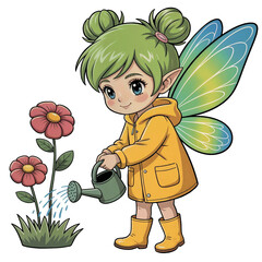 Young fairy in yellow raincoat watering pink flowers in a garden