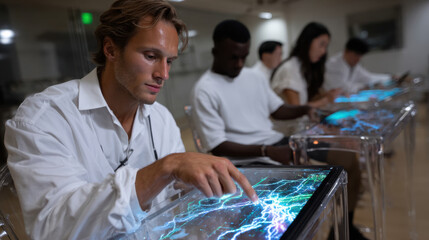 A group of individuals is deeply engaged in an innovative session using holographic interfaces, highlighting the impact of technology on collaborative learning and communication.