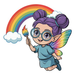 Colorful fairy with rainbow wings and paintbrush spreading joy in a bright sky