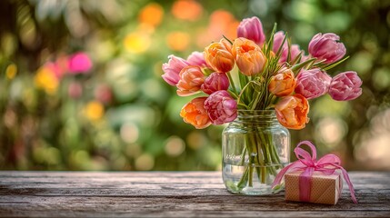 Pink and Orange Tulips in a Jar with Gift on Wood