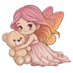 Cute fairy girl with pink hair hugging a teddy bear in a whimsical style