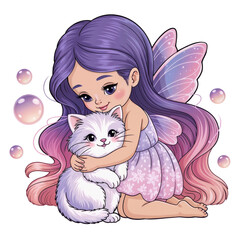 Little fairy girl with a white cat surrounded by bubbles in a whimsical garden setting