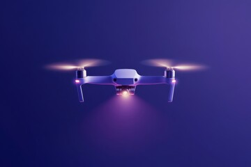 Aerial drone in flight with illuminated lights against purple background