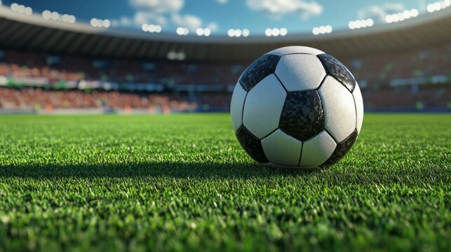 A soccer ball on a green stadium field in front of stands filled with fans is suitable for publications about sports and active recreation.