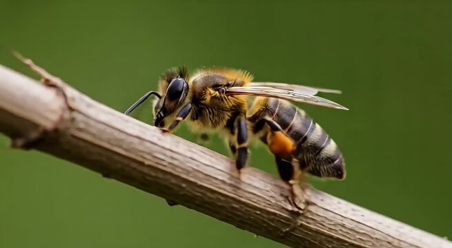 Macro detail of a solitary bee resting on a thin branch with blurred green background, capturing nature's delicate details and insect life.