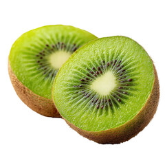 Two halves of a green kiwi fruit, sliced, showcasing the interior