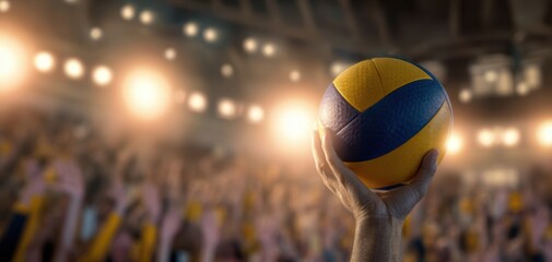 The volleyball held high in celebration during a thrilling sports event.